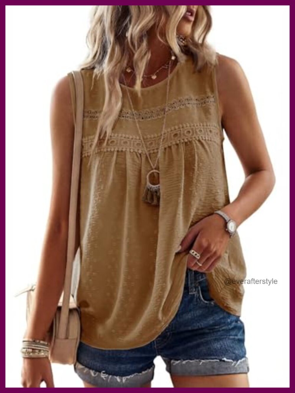 Womens Flowy Boho Sleeveless Tank Top with Swiss Dots Crochet Lace Trim